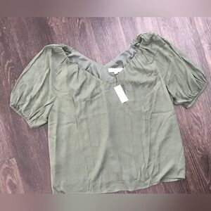 LOFT Green V-Neck Puff Sleeve Blouse